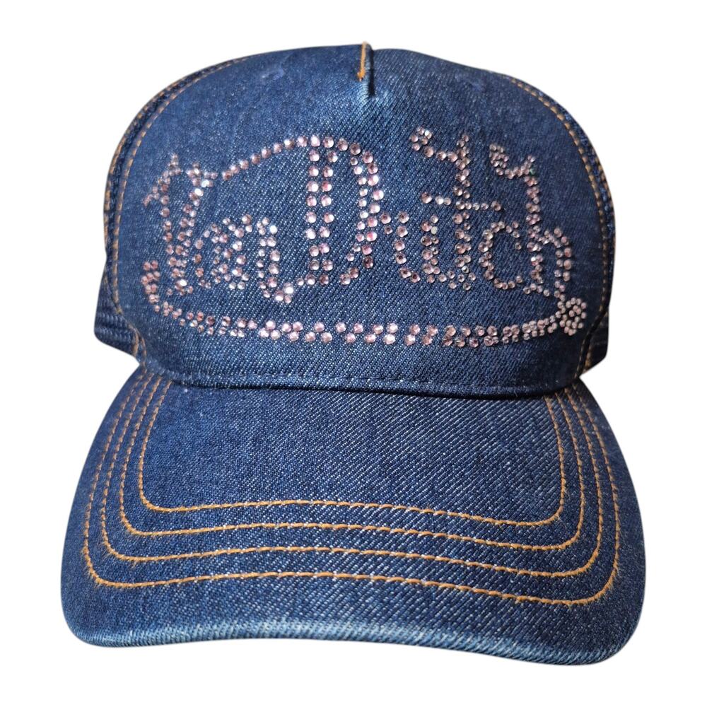 Y2K Von Dutch Rhinestone Denim Trucker Hat